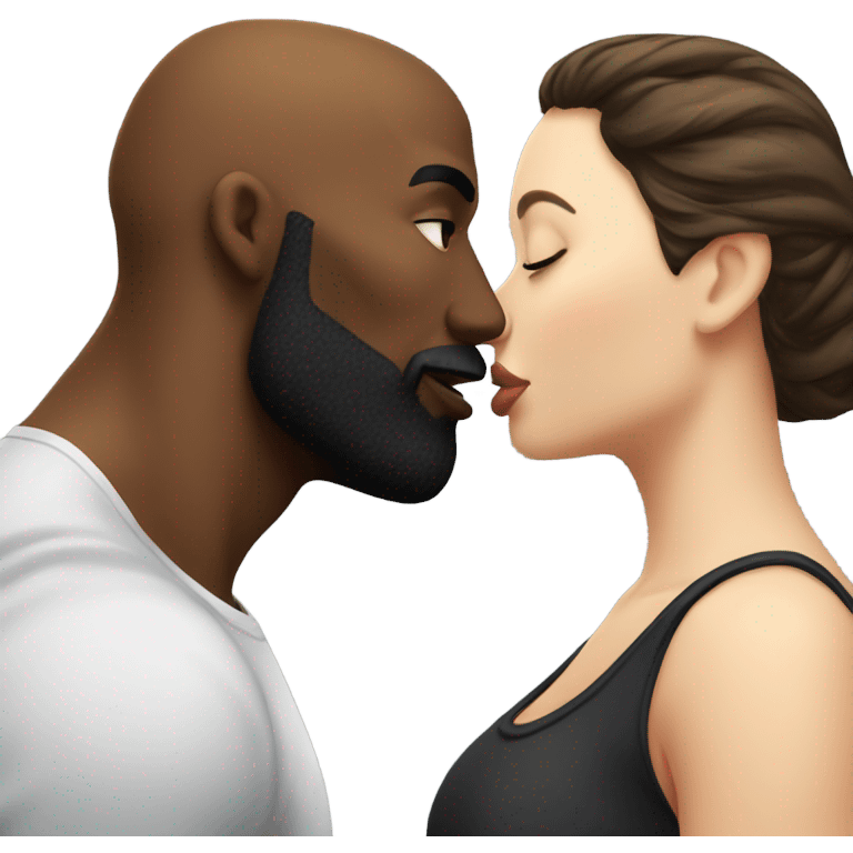 Curvy White brunette kissing muscular black bald man with beard emoji