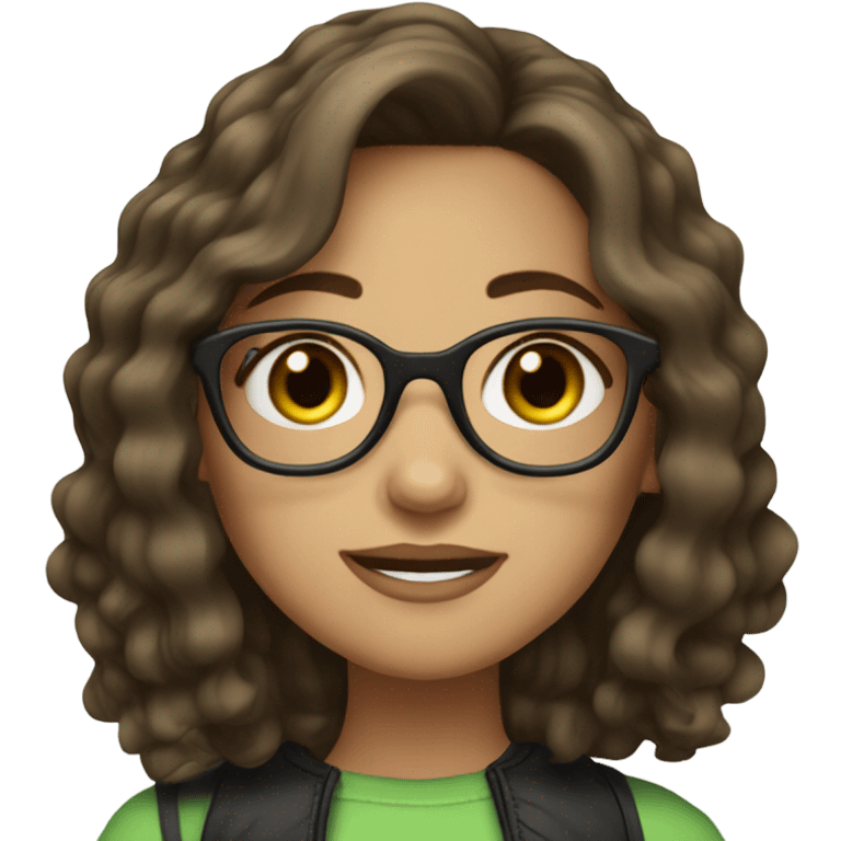 Girl with Longbob wavy dark Brown Hair and highlights in front of the hair and she wears glasses and has green eyes emoji