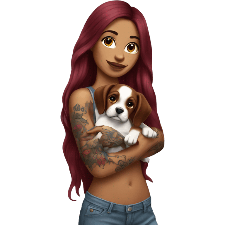 Beautiful tattooed  burgundy long haired woman holding a boxer puppy emoji