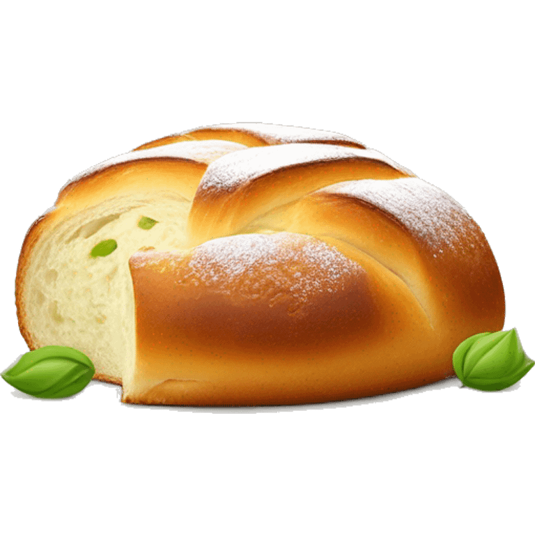 Boule de brioche ronde coupée en deux au milieux avec crème fouettée blanche au centre recouvert d’éclat de pistache  emoji