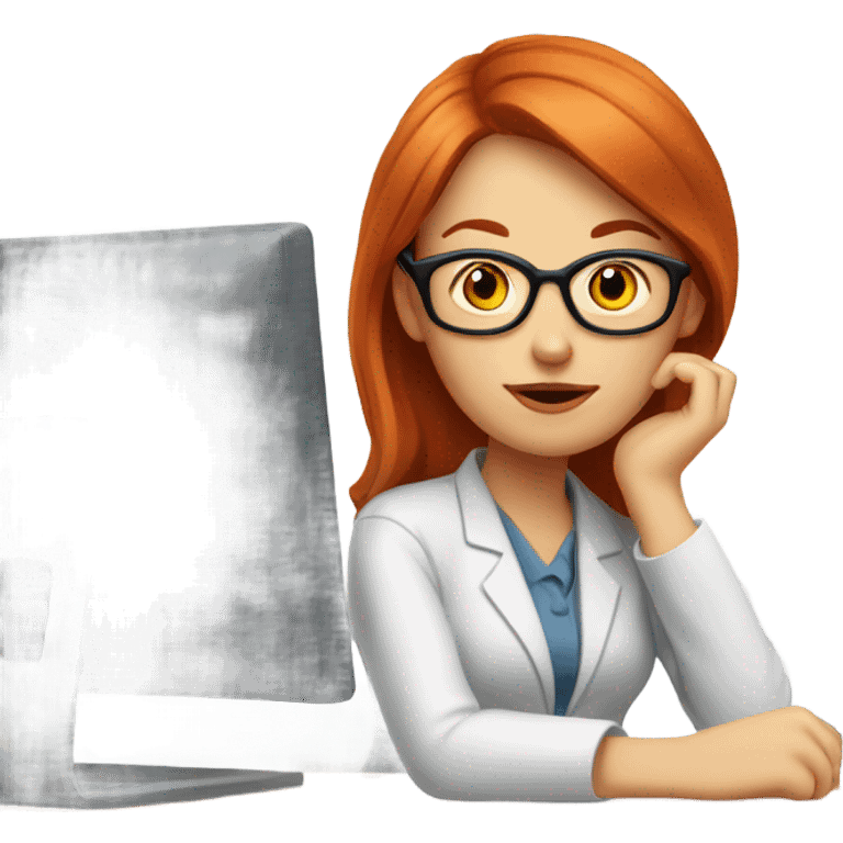 red hair woman nutritionist wearing glasses with hand on chin having an good idea monitor desk emoji