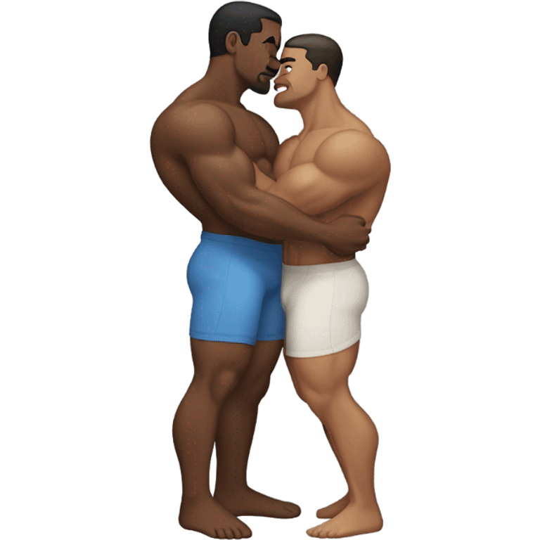 Two men with muscly legs holding each other and kissing emoji