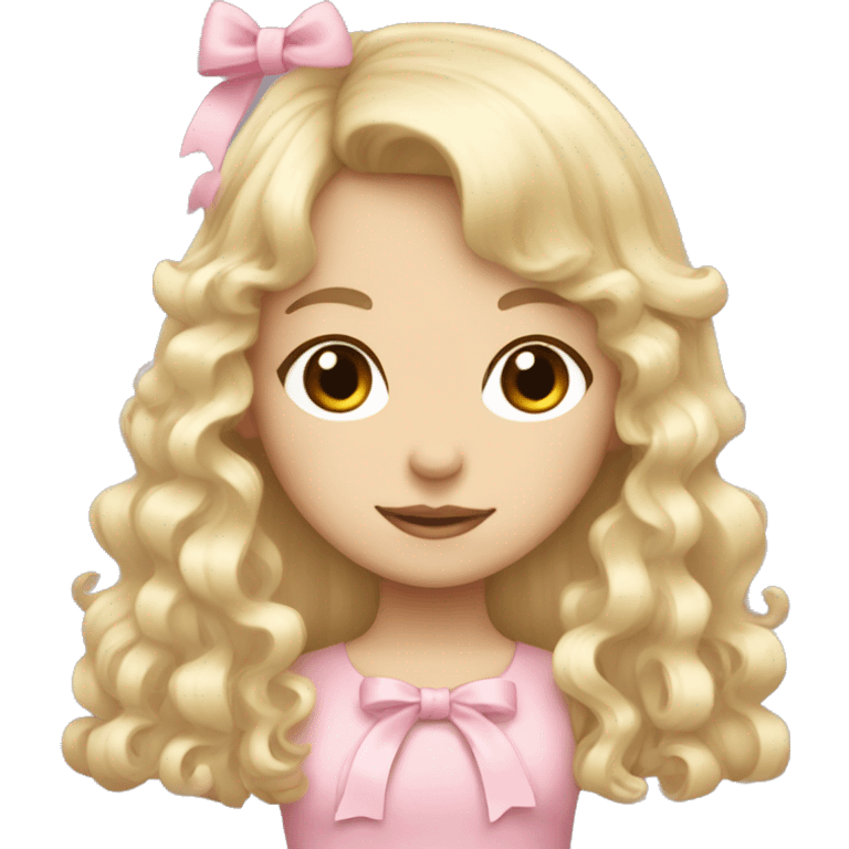 Blonde, pale girl with bangs and curly, long hair with pink bows  emoji