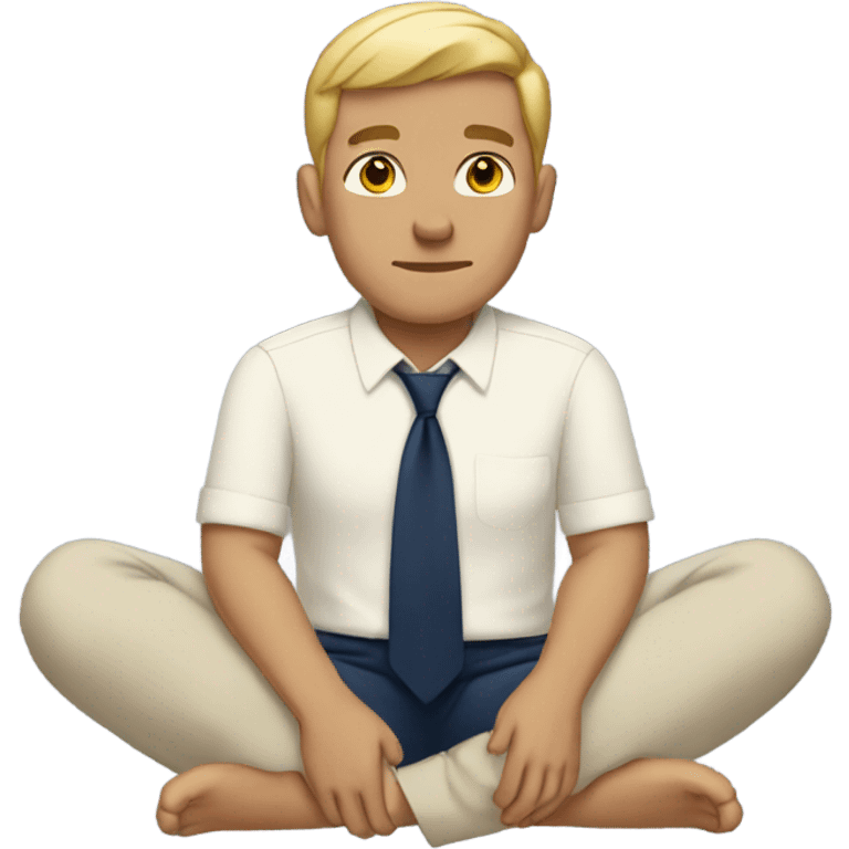 man meditating sitting down with cream dress shirt and navy blue pants . no tie emoji