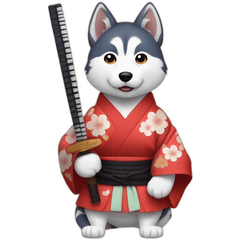 husky with a Japanese hat and a kimono holding a katana emoji