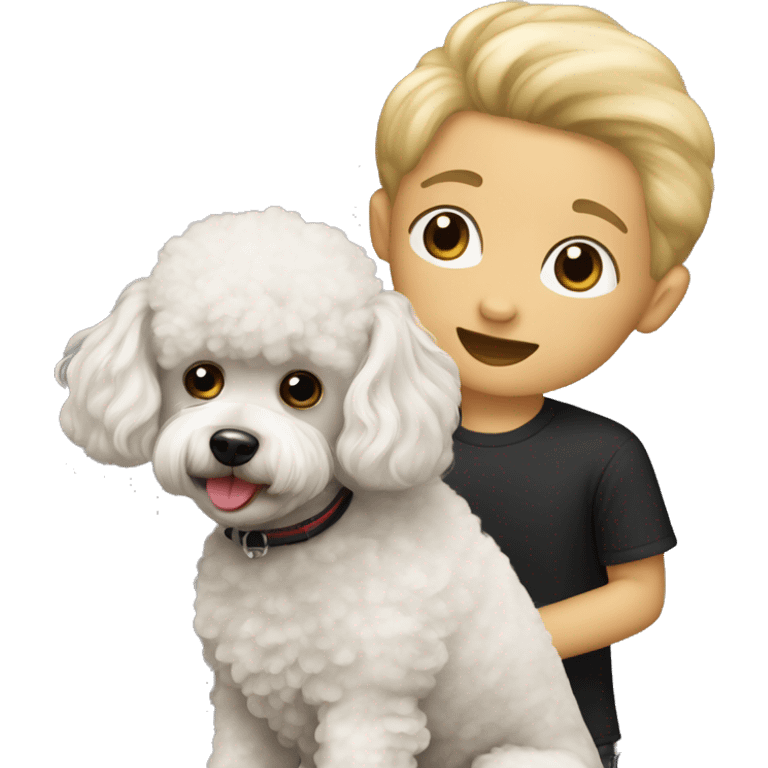 A blonde toy poodle with a black haired boy emoji