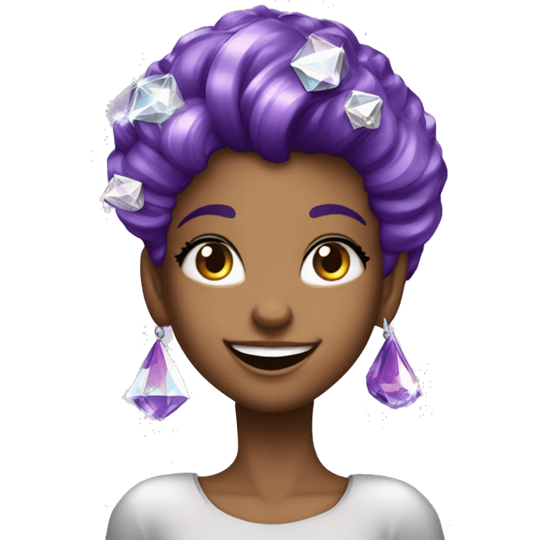 one girl with purple diamond hair made from purple crystals or diamonds or jewels, she is feeling happy and elated and excited, make her hair shiny with prisms and angles and edges, now make her hair crystallized emoji