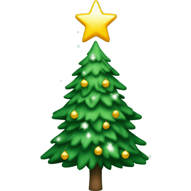 A Christmas tree that is green with snow on it and a shinning star and decorations emoji