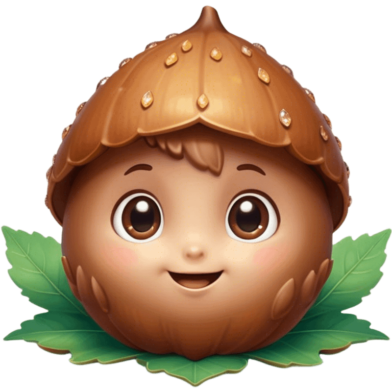 Cinematic tiny happy acorn, glossy brown, soft glowing highlights, tiny adorable face with big sparkly eyes, sitting on a pastel leaf, warm and cheerful. emoji