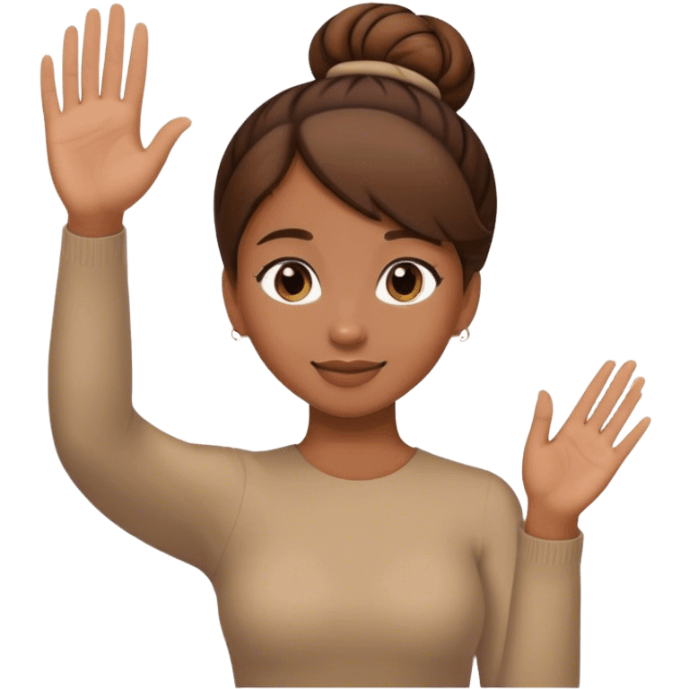 Light brown skin girl, brown hair in bun, waving goodbye emoji