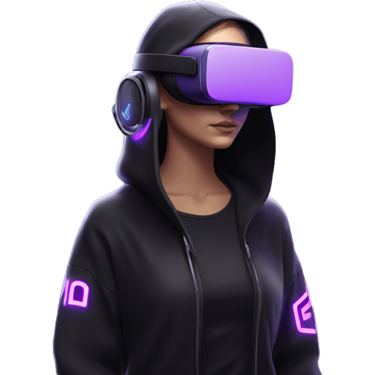 Russian girl wearing black hoody with violet letters "OMG", in vr headset oculus quest2. Standing like jedi. Cyberpunk style. Violet neon. emoji