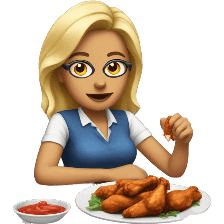 Generate a woman at a desk eating chicken wings emoji