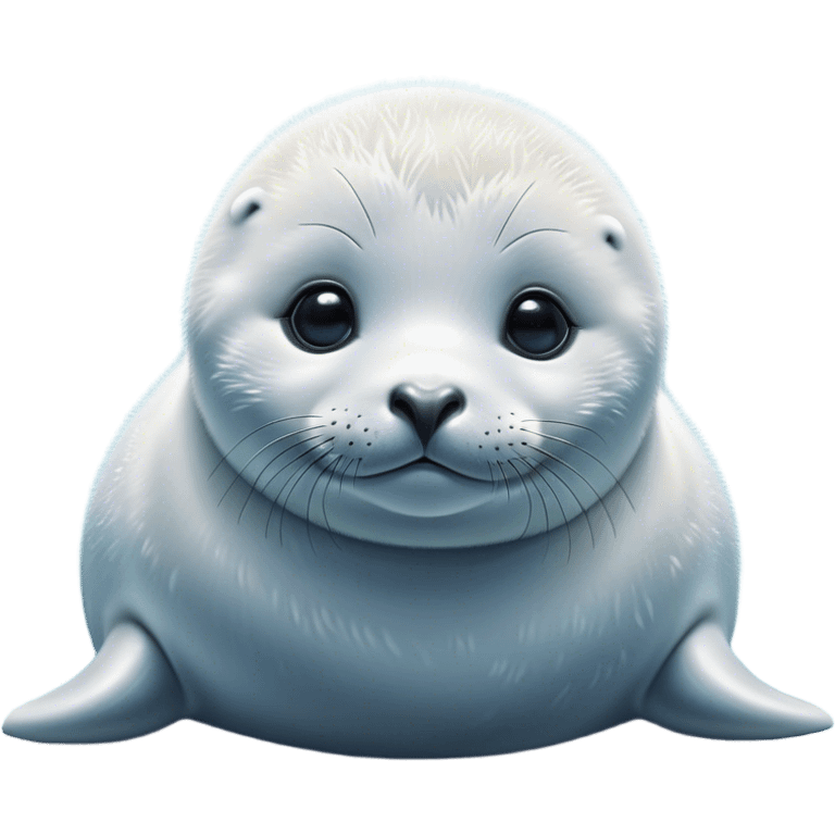 Cinematic Noble Baby Seal Portrait Emoji, Poised and endearing, with a round, plump body of soft, glistening fur, large, soulful eyes and a delicate, slightly rounded head accented by chubby cheeks, Simplified yet sharp and sophisticated features, highly detailed, glowing with a gentle, polar mist glow, high shine, intelligent and watchful, stylized with an air of arctic charm, focused and gentle, soft glowing outline, capturing the essence of a watchful and confident baby seal that appears ready to pop out of the screen with playful grace! emoji