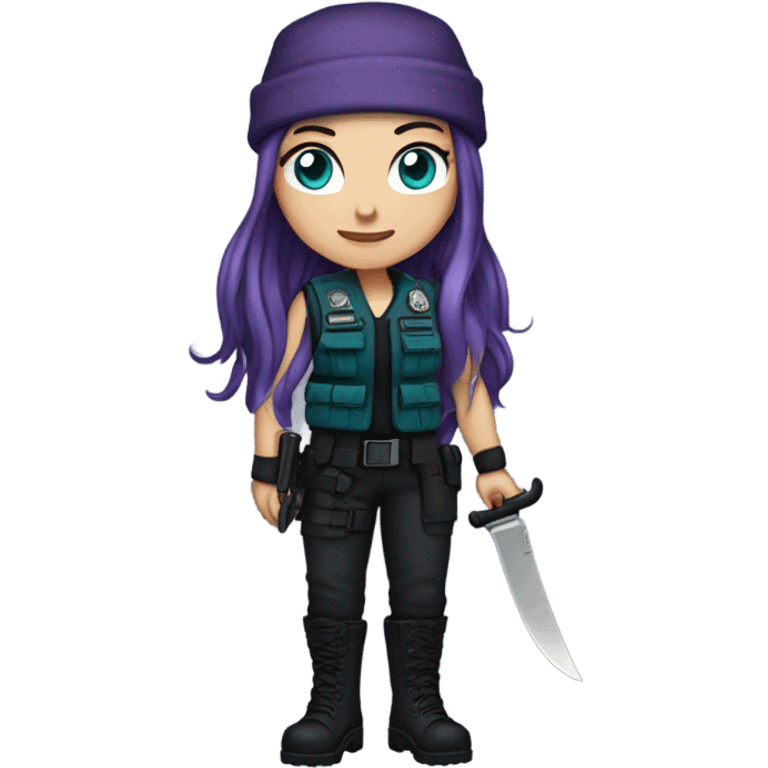 White Girl, tactical vest, dark pants, long teal hair, blue eyes, purple beanie hat, knife, black combat boots emoji