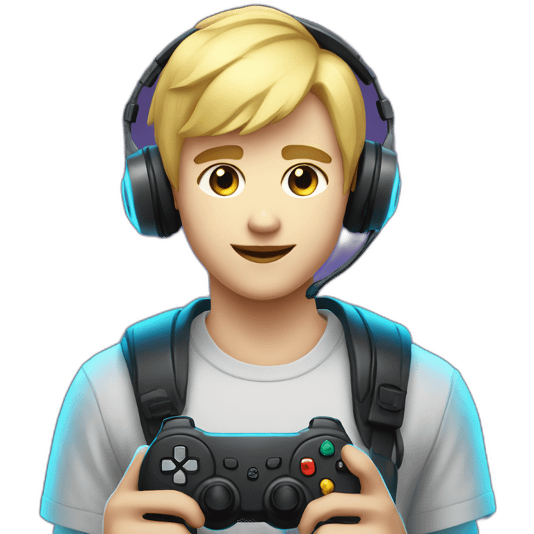 Blonde Short hair Gamer guy with headset and gamepad with neon Lighting emoji