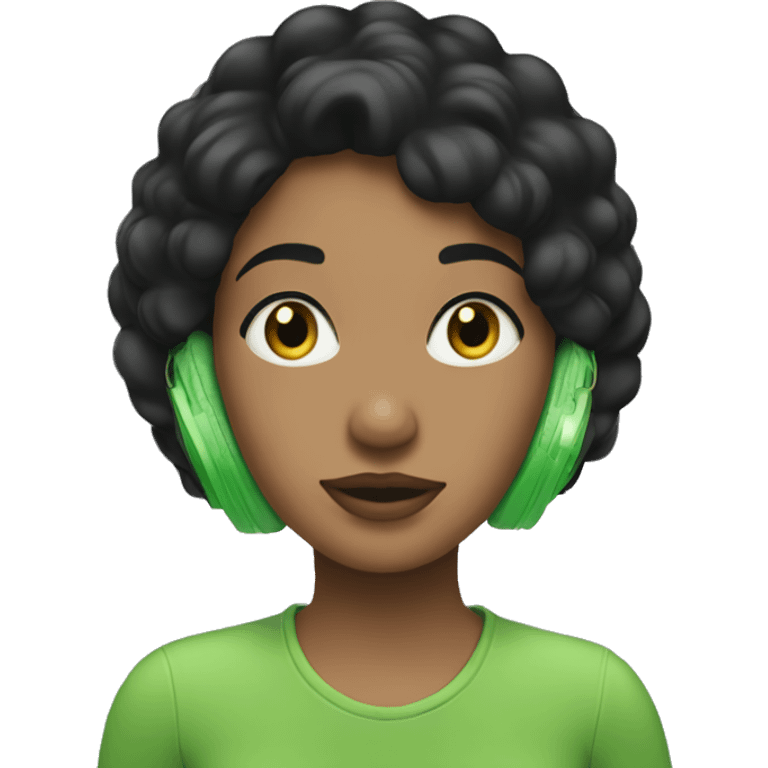 Black hair girl listening to her green air pro max emoji