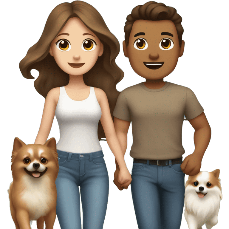 Filipino guy and his white girlfriend with blue eyes and brown hair walking their 5 Pomeranian dogs  emoji