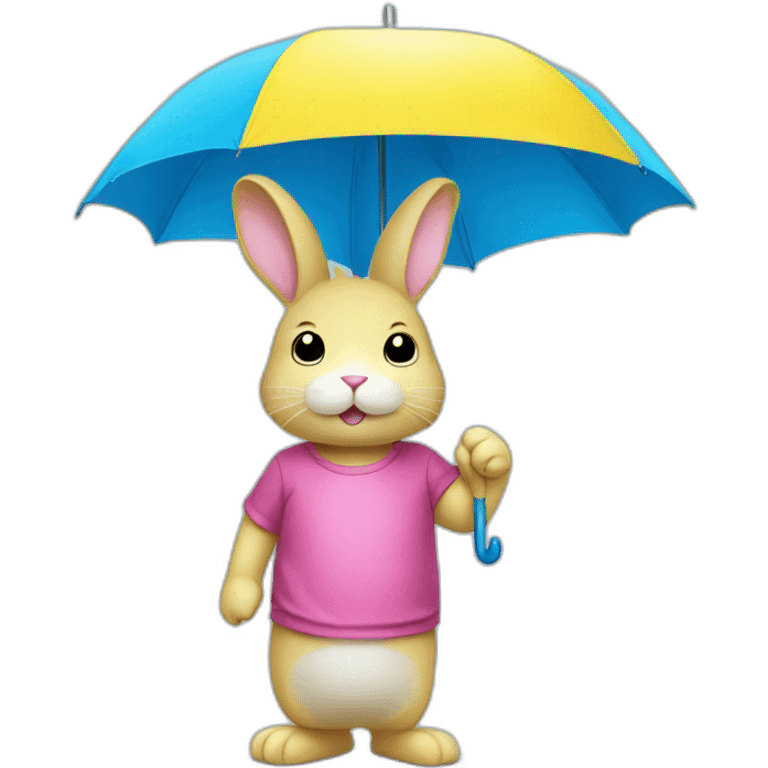 Pink rabbit wearing yellow tee shirt holding blue umbrella emoji