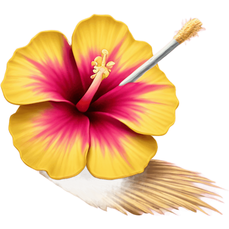 Hibiscus that is yellow on outside and fades to pink then maroon in the centre, in a coconut with a straw emoji