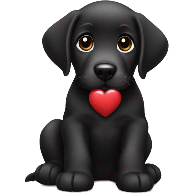 sitting black labrador puppy is holding a heart emoji