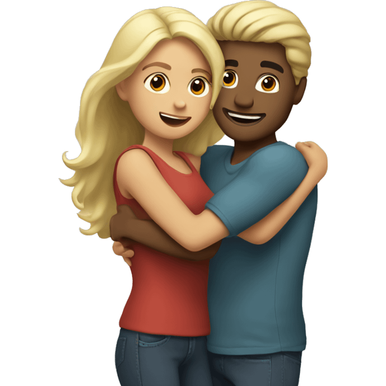 Blond man and hispanic woman hug each other emoji