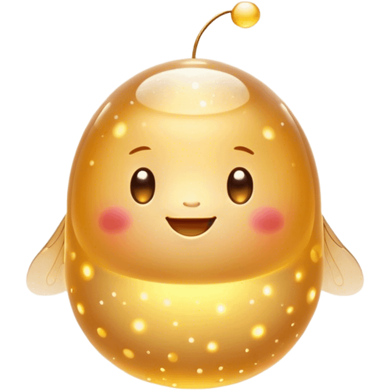 Cinematic tiny glowing firefly, round and chubby, soft golden light, tiny happy face, gentle floating motion, surrounded by dreamy sparkling dots. emoji