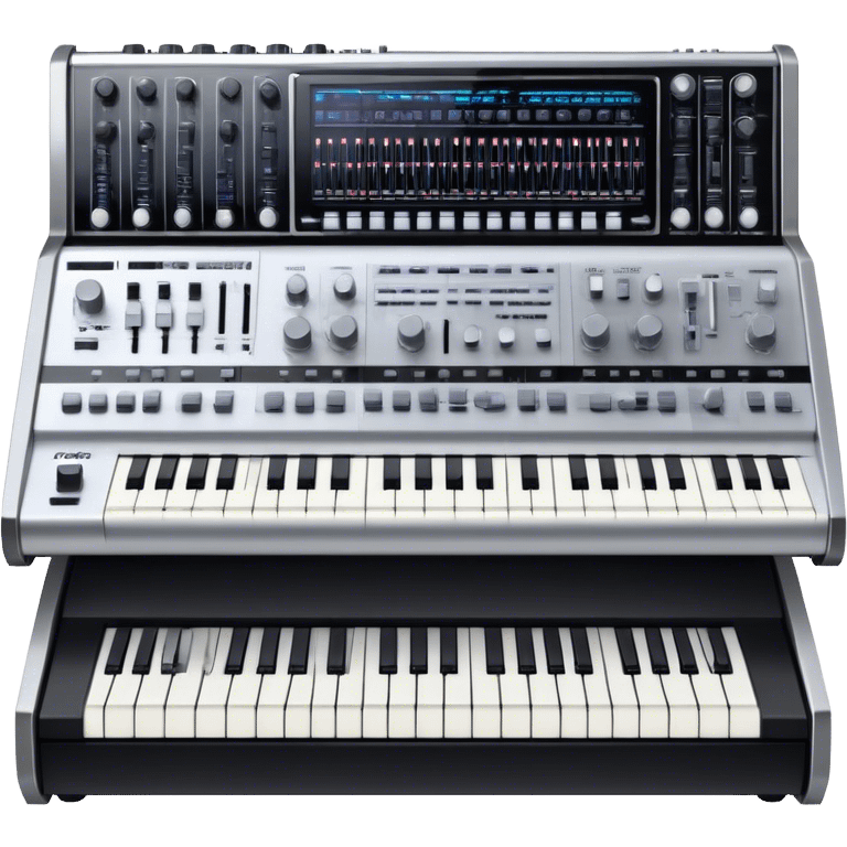 Create a professional and detailed emoji that represents sound design equipment. The design should feature a high-end Korg synthesizer, a sound mixing console, and a control panel with audio cables connecting to large studio speakers. Surround the equipment with sound waves made of musical notes to symbolize the creative process of shaping sound. Use sleek colors like silver, black, and neon accents to highlight the high-tech nature of the equipment. The background should be transparent. emoji