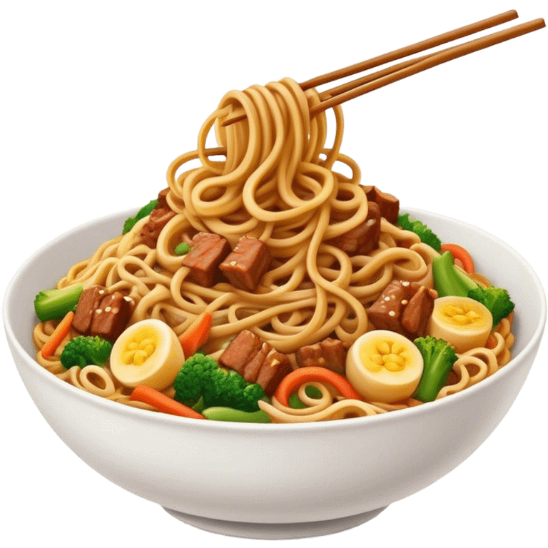 Cinematic Realistic Mie Goreng Dish Emoji, featuring stir‚Äêfried noodles with vegetables and meat rendered with dynamic textures and warm, appetizing lighting. emoji