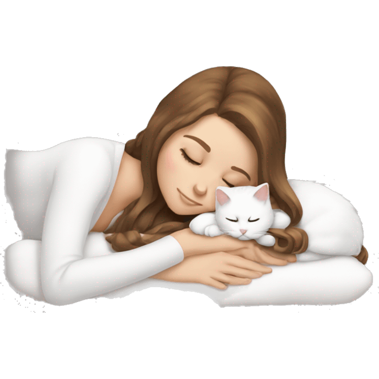 White girl brown hair sleeping with white kitty emoji