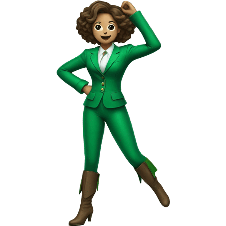 Woman with brown hair in green suit with green leather boots with rose on stomach gently dancing emoji