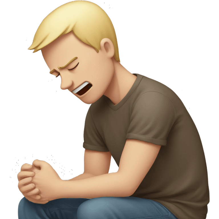 A white-skinned man kneeling and crying, trying to mend his girlfriend's broken heart. The heart is a broken emoji heart, highlighting the emotional scene. emoji