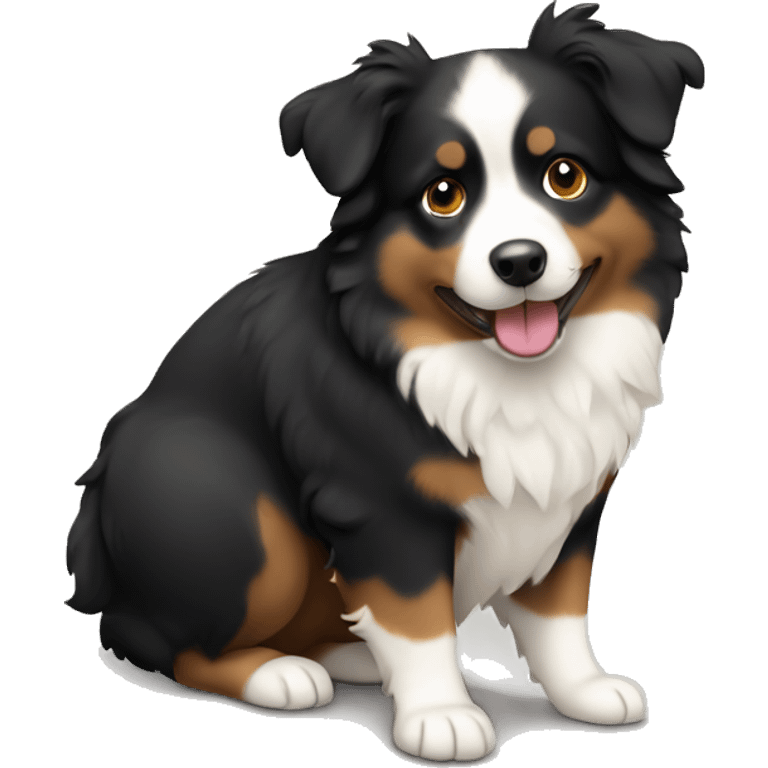 Chubby mini Aussie that is mostly black but has a little white and tan emoji