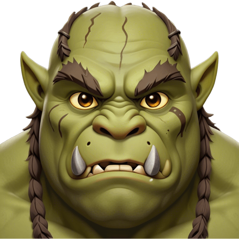 Cinematic Noble Ogre Portrait Emoji, Majestic and imposing, with a rugged, muscular form in deep earthy greens and browns, adorned with battle scars and subtle tribal markings, exuding calm, noble strength and unexpected wisdom, simplified yet strikingly detailed, glowing with a shadowy outline that captures the essence of a gentle giant with fierce heart! emoji