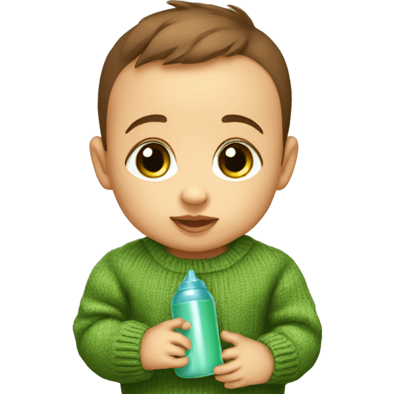 a 2 month old baby with a green sweater and brown eyes drinks his bottle emoji