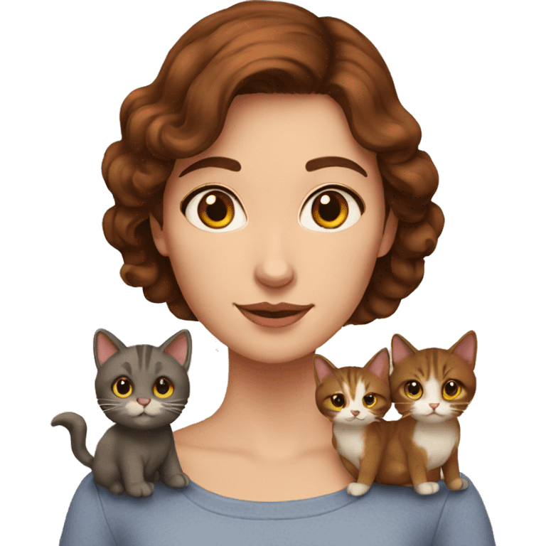 Woman with brown hair and brown eyes holds five cats emoji