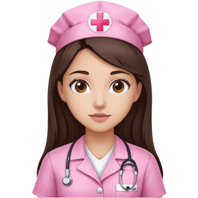 Girl with long dark brown hair and brown eyes wearing pink nurse shirt emoji