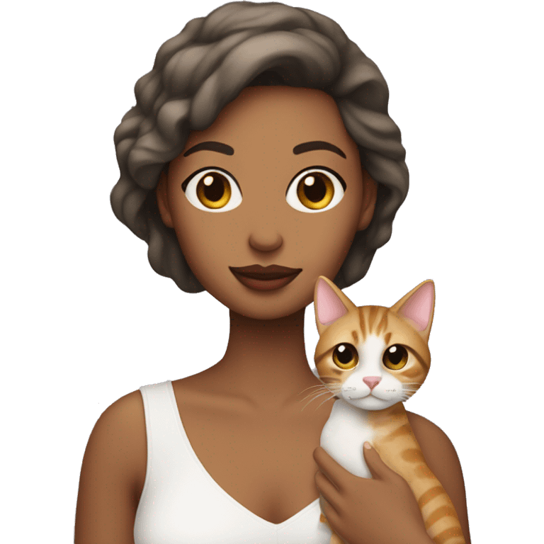 Woman with pink lips holding a tabby cat emoji