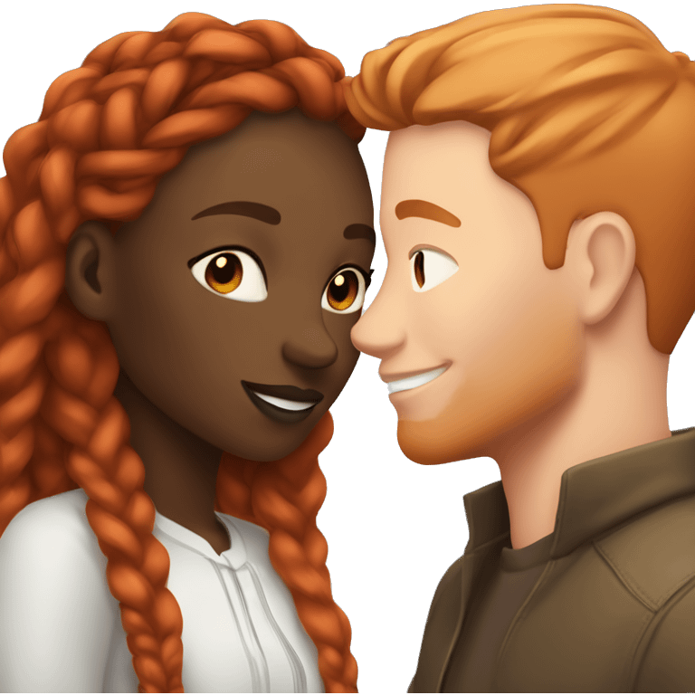 black girl with light brown braids kisses white man with red hair emoji