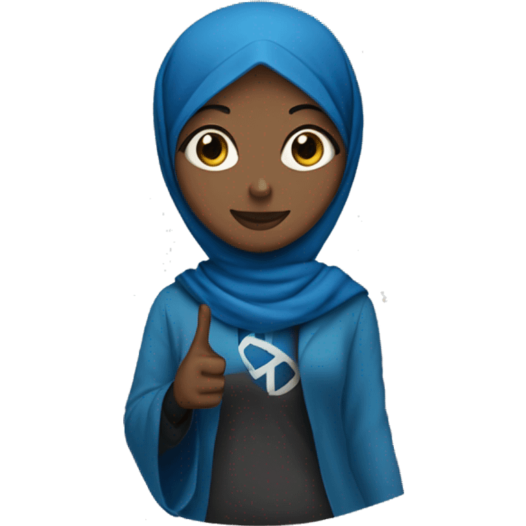 Black Hijabi in blue holding a peace sign emoji