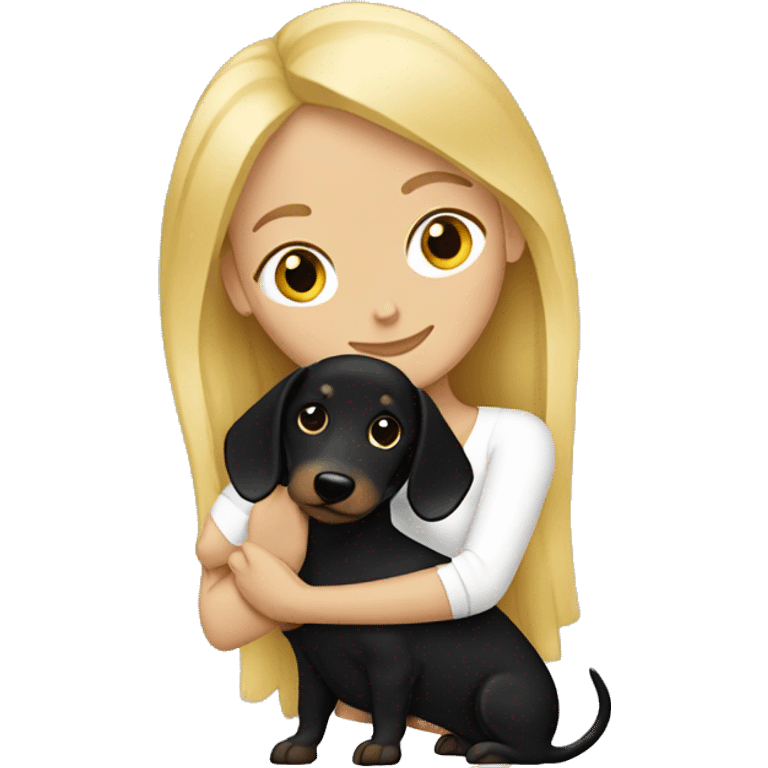 blonde woman hugging black dachshund emoji