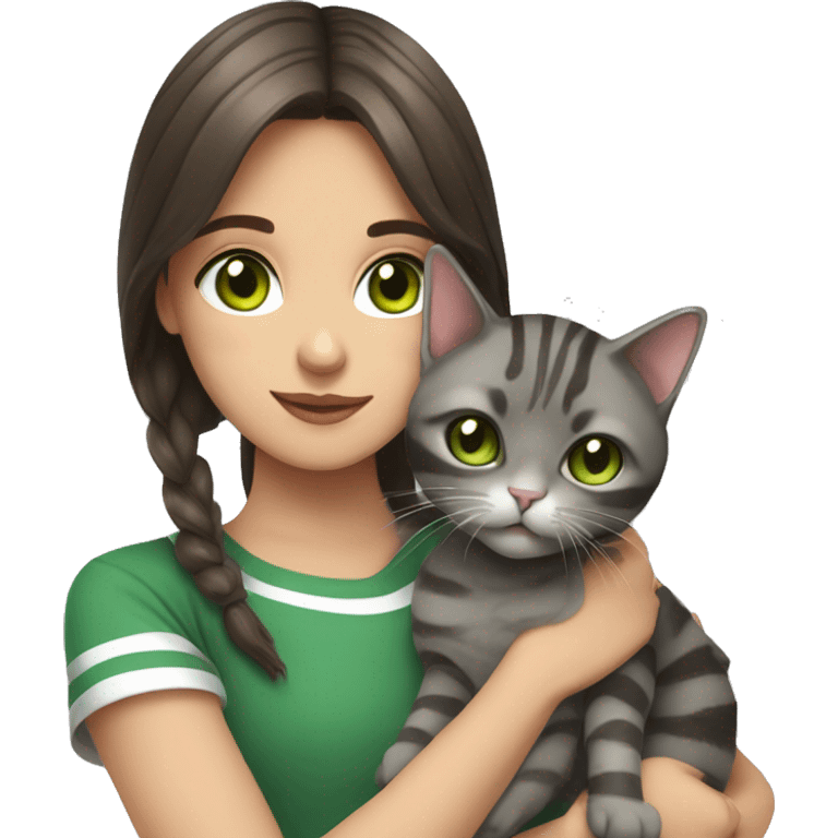 Brunette girl with green eyes, holds in her arms a British gray, striped cat with brown eyes emoji