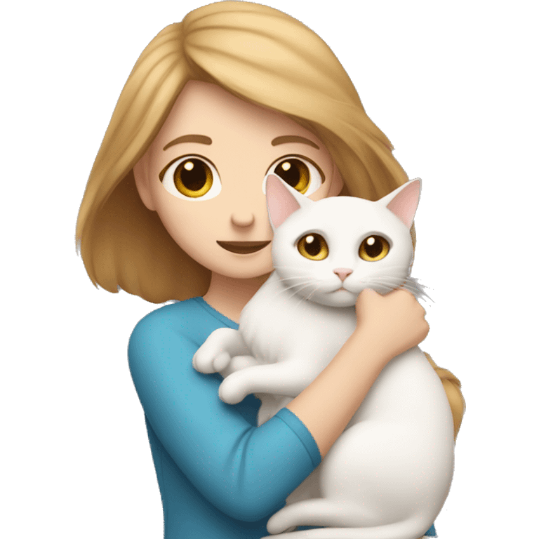 A girl with light brown hair hugs a white cat emoji