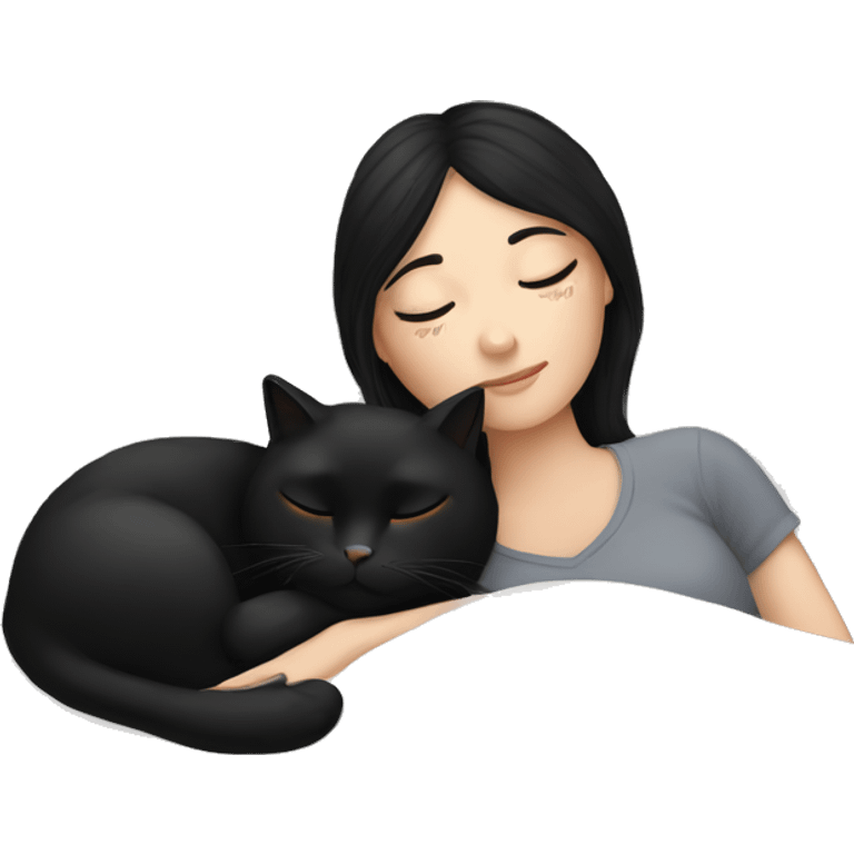 White girl with black hair sleeping with black cat emoji