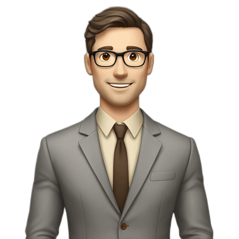 Pale skinned fit man with dark brown hair in gray jacket, beige office shirt, brown tie, brown pants and vintage glasses Writing on the marker board emoji