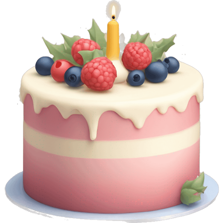 Emoji of a New Year's cake with delicate cream and minimalistic decorations (for example, a few berries or small Christmas tree toys). Warm pastel shades, clean lines emoji