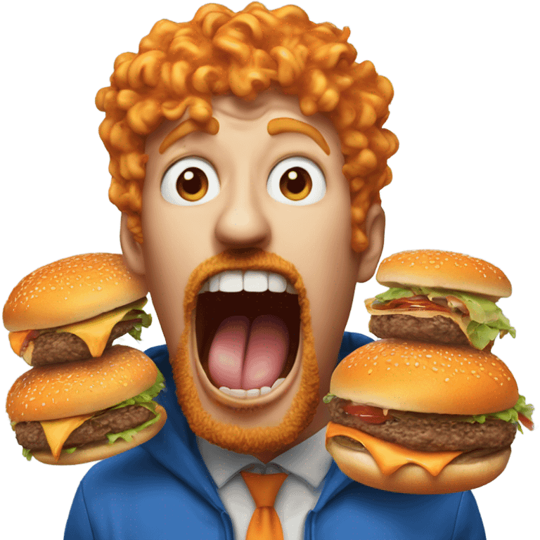 Horrified burger getting eaten by a man with a orange beard orange curly hair and a blue hooding emoji