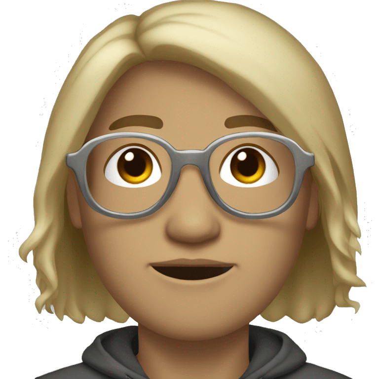 Ashy blond hair, dark eyes, round silver glasses, round nose, dark goatie emoji