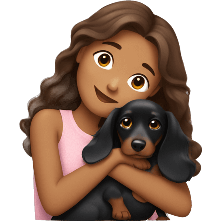 Brown long wavy hair girl cuddling a cute black dachshund emoji