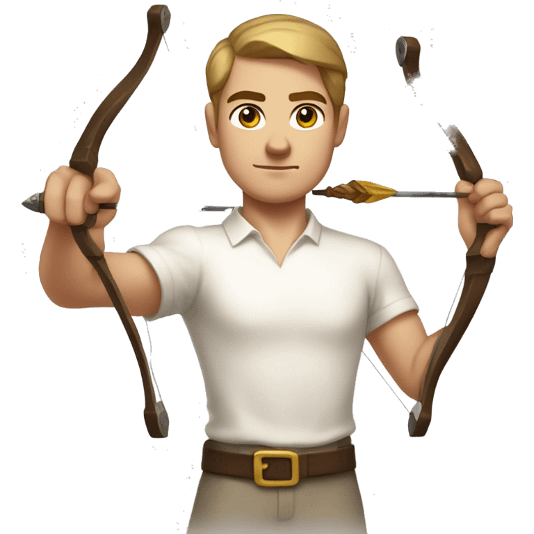 a male archer bending a bow, wearing a white shirt, very short brown hair, bright skin, only show upper part of the body from waist up emoji