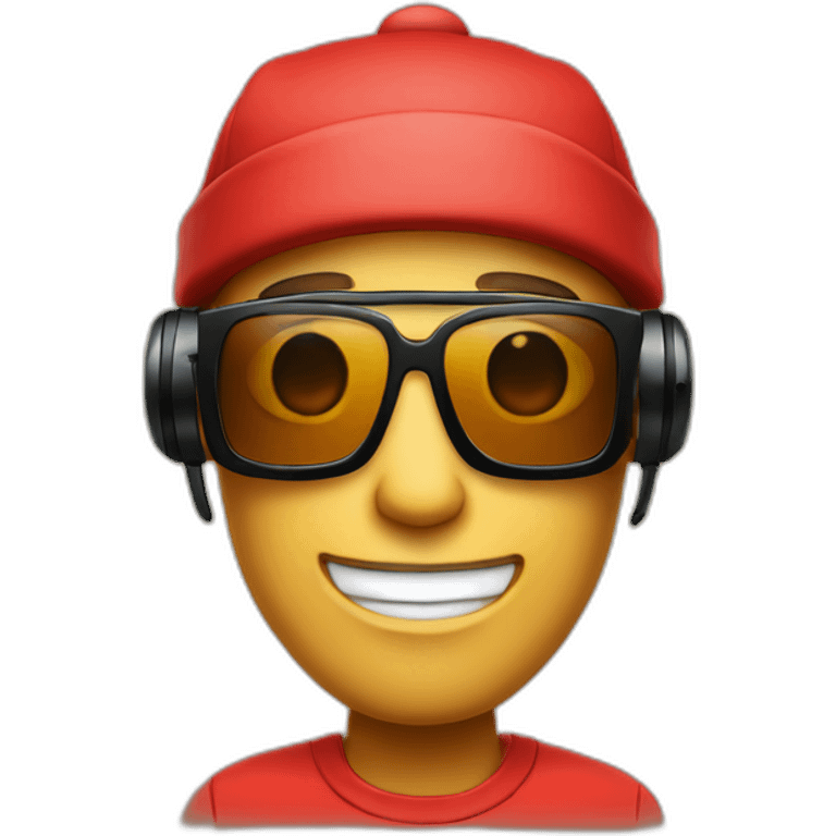 Cartoon bot with red shirt. BLACK HEADPHONES. Sunglasses, tan skin. Red beanie hat emoji